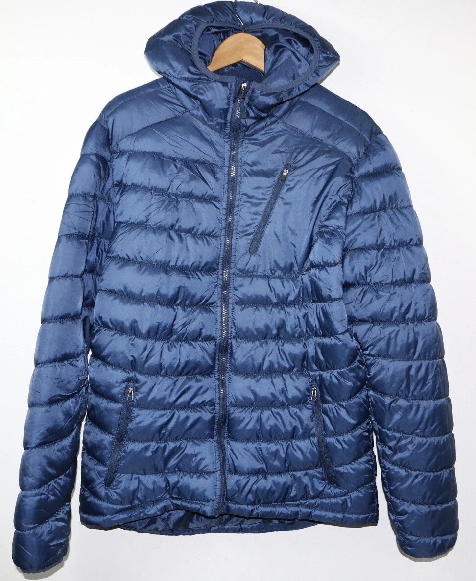 ExcelleD Blue Hooded Puffer Jacket Men’s Size M Lightweight Quilted Zip Up