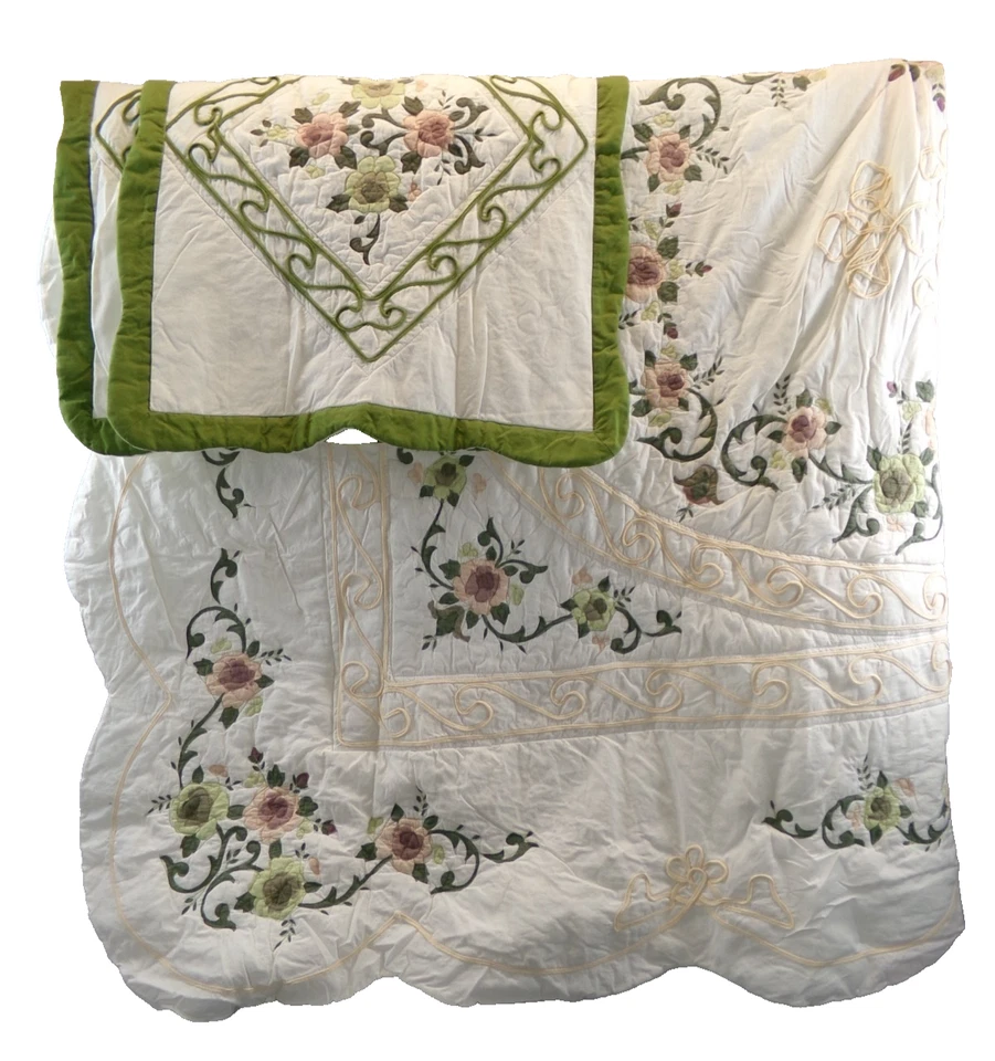 Edredom duplo com 2 fronhas de travesseiro verde malva creme conjunto de cama floral - Imagem 3 de 4