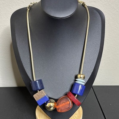 NWT Chicos Chunky Bead Necklace Gold Tone Snake Chain Zoey Multi Short Bib Wood