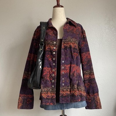 Whimsy Purple Orange Brown Corduroy Floral l Button-Up Top Size Large