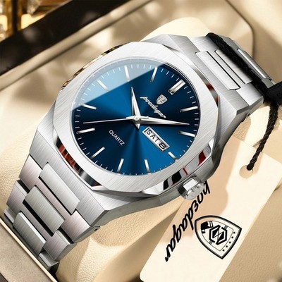 POEDAGAR Herren Uhr Edelstahl Wasserdicht Luminous Quarz Datum Woche Uhr