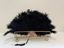 Vintage Black Feather Hand Fan with Red Accents & Tassel – Decorative Display