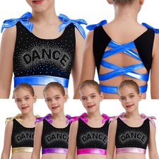 Kids Girls Vest Dance Crop Top Athletic Shirt Metallic Bowknots Exercise Shiny