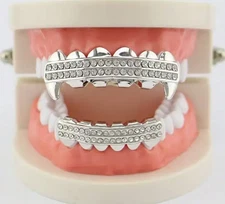 Custom Fit Silver Plated Mouth Teeth Grillz Set Iced CZ Rows Fangs + Mold Kit