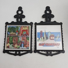 Set Of 2 VTG Cast Iron And Ceramic Tile Trivet  Red Woods & San Francisco~1988