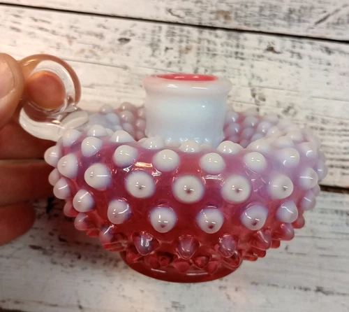 VINTAGE FENTON CRANBERRY OPALESCENT HOBNAIL PATTERN FINGER CANDLE HOLDER