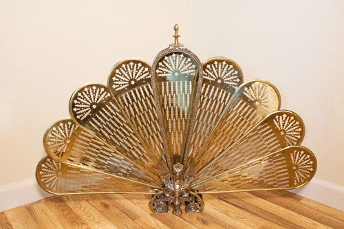 Vintage Mid-Century Brass Folding Peacock Fireplace Screen - Phoenix Base