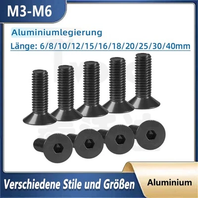Alu Senkkopfschrauben M3 M4 M5 M6 Aluminium Innensechskant Senkschrauben Schwarz - Bild 1 von 4