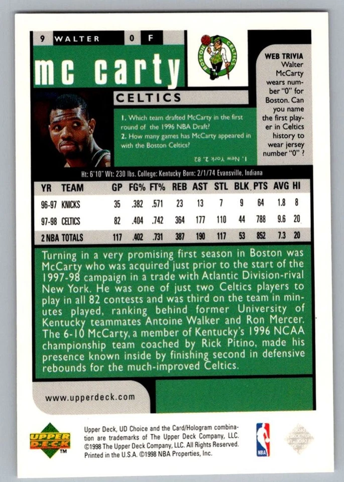 1998-99 Upper Deck Walter McCarty Boston Celtics #9 - Image 2 of 2