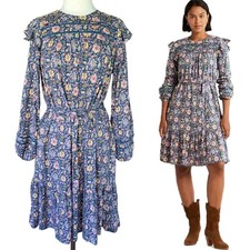 Boden Blue Floral Trim Detail Ruffle Jersey Dress Size 8 L Belted Long Sleeve