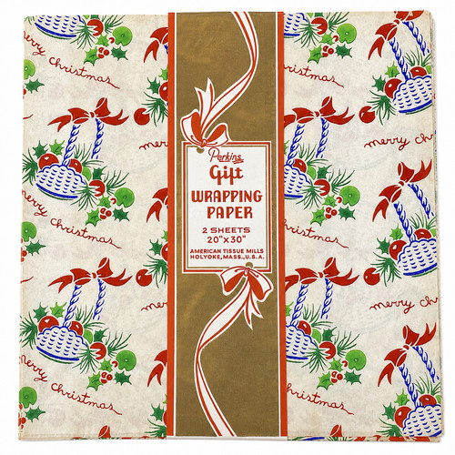 Vtg Perkins Christmas Gift Wrap Sealed 2 Sheets 20x30 Basket Holly Script