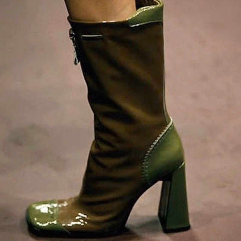Botas Prada Otoño/Invierno 1999 Cuero Verde y Marrón Media Pantorrilla Tacón Bloque IT 37 Foto 3 de 4