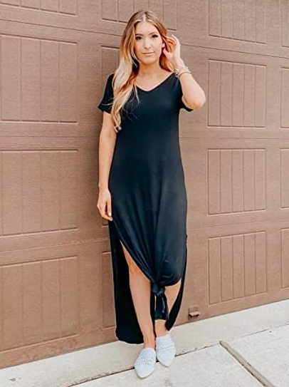 GRECERELLE Women Casual Loose Pocket Long Dress Short Sleeve Split Maxi  Dress XS | eBay