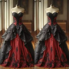 Gothic Black Red Wedding Dresses Lace Appliques Ruffles A Line Bridal Gowns