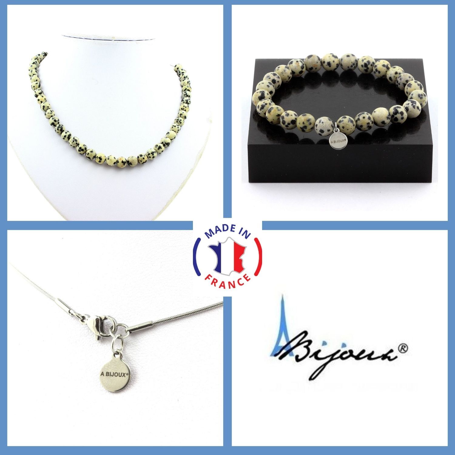Coffret bijoux Jaspe Dalmatien collier et bracelet perles idée cadeau femme