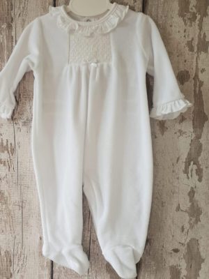 white velour baby sleepsuit