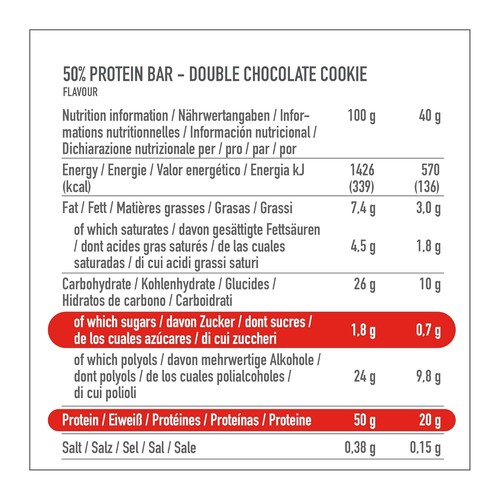 Protein-High Protein Bar 50%-Double Chocolate Cookie-16X40G-Low Sugar & Low Carb - Bild 2 von 5