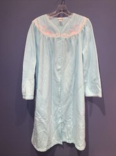 Vtg Adonna Medium Aqua Blue Housecoat Housedress Robe Gown Floral Snap Fleece