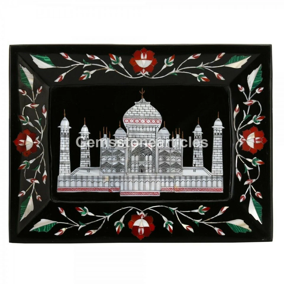 9"x6" Black Marble Carnelian Floral Inlay Tajmahal Art Christmas Decorative Gift - Image 2 of 2