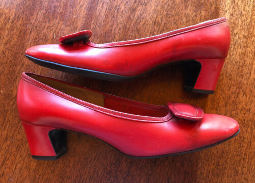 Vintage 1960's Shoes Red Cross Shoes Leather Red Heels Pumps Aprox Size 5