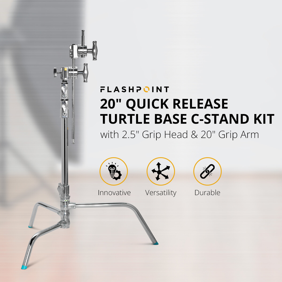 Flashpoint 20" Quick Release Turtle Base C-Stand Kit, Grip Head  Arm (Chrome)
