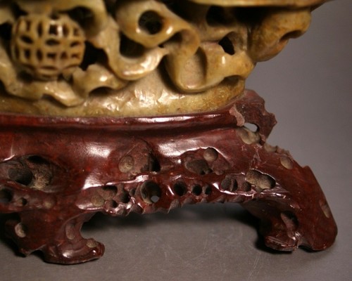 FINE Chinese Antique Carved Soapstone Incense Vessel On A Carved Soapstone Stand - Picture 9 of 11