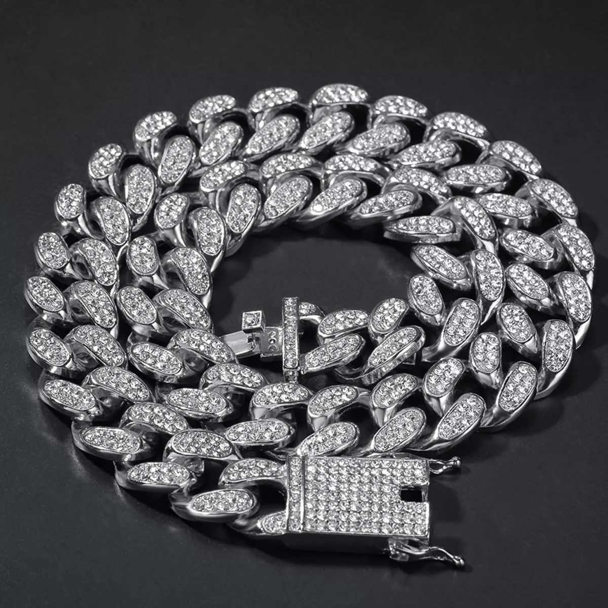 Mens Ice ice out Miami Cuban Link Chain Rhodium Finish Bling