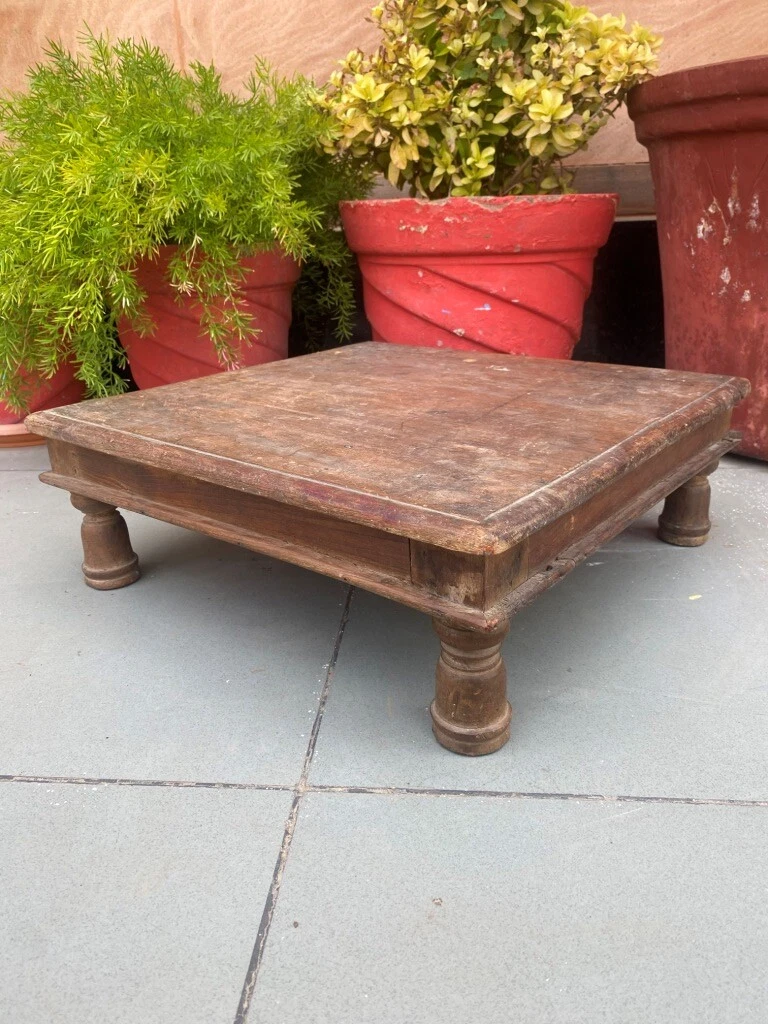 1800 s Primitive Antique Indian Old Handcrafted Wooden Low Bajot