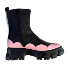 New Raye Black Boots with Pink Scalloped Detail Lug Sole size 8