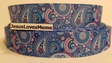 Grosgrain Ribbon Blue Pink Paisley Design Crafts Hair Bows Fabric Trim, 7/8"