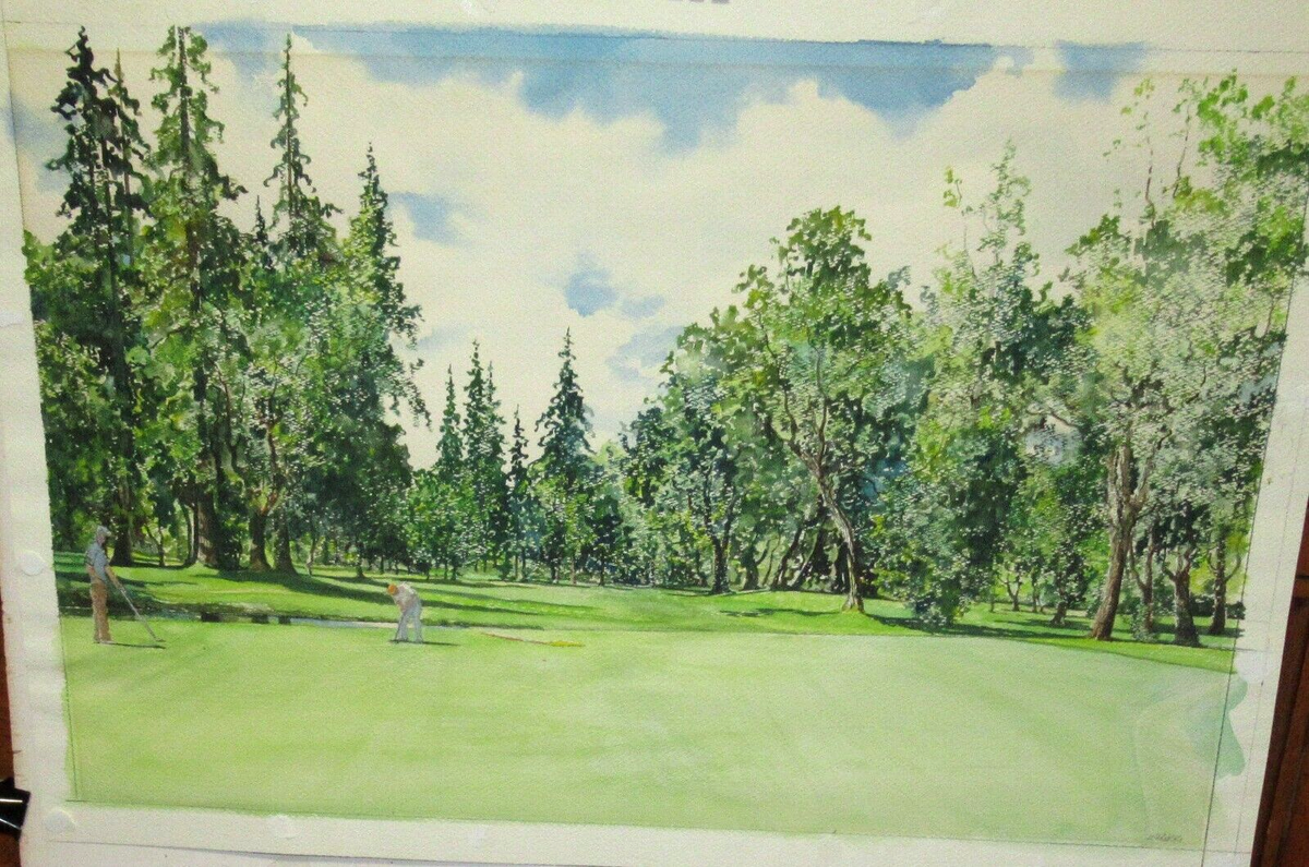絵画 ゴルグ トナイト Tonight GEORGE WARNER GOLF COURSE LARGE ORIGINAL WATERCOLOR LANDSCAPE