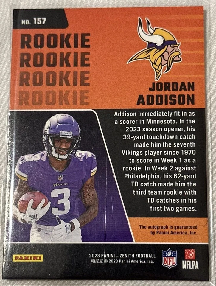 JORDAN ADDISON 2023 PANINI ZENITH ROOKIE ARTIST PROOF AUTOGRAPH AUTO #/10 T2271 - Image 3 of 3