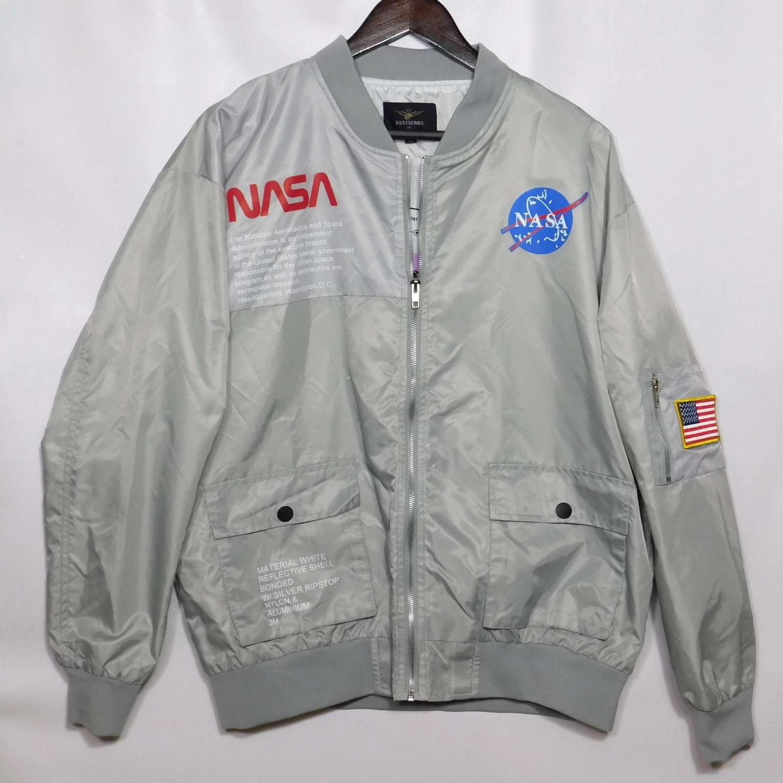AsstSeries NASA Bomber Jacket Mens Mens XL Silver Streetwear Y2K Space Retro image 1
