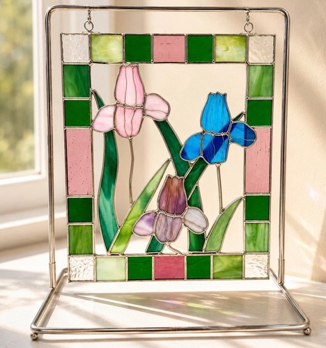 Stained Glass Iris Flower Panel Suncatcher Freestanding Metal Display Stand