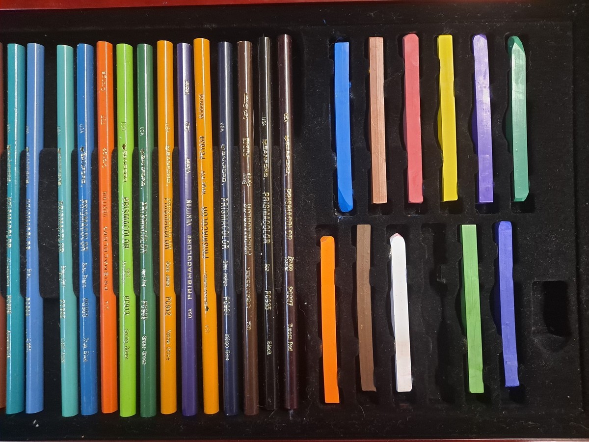 Vintage Sanford Prismacolor Wood Box 82 Pencils + 11 Art Stix USA