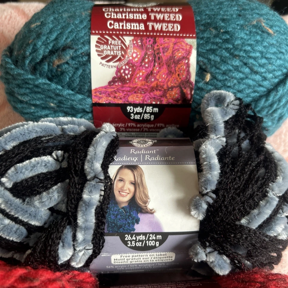 Lote de 3 madejas lazos e hilos hilo carisma acrílico tweed azul rojo ahumado Foto 3 de 4