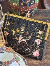 Art Deco Black Micro Glass Beaded Floral Embroidered Gilt Metal Evening Bag Purs
