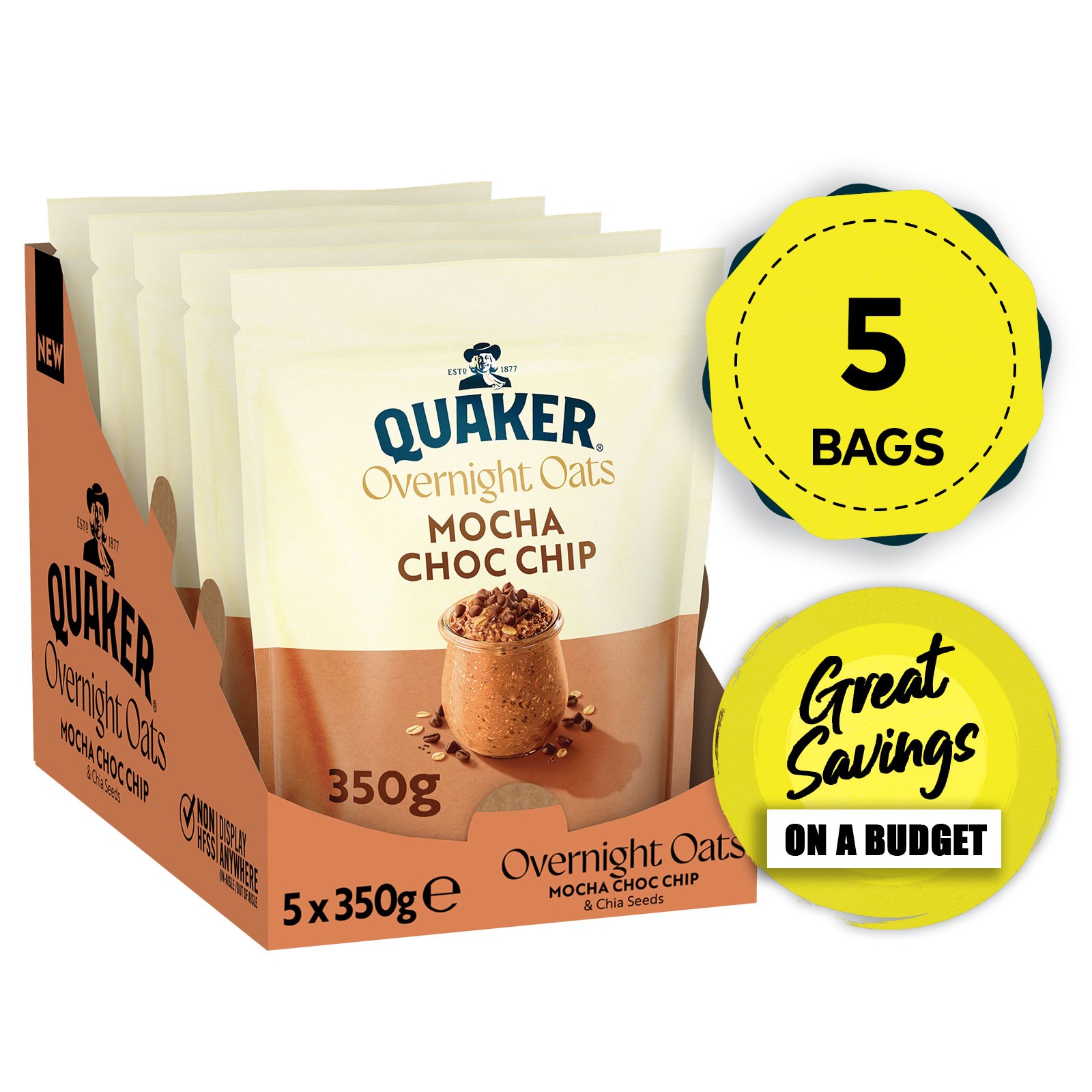 Quaker Overnight Oats Mocha Choc Chip Cereal 5 x 350g