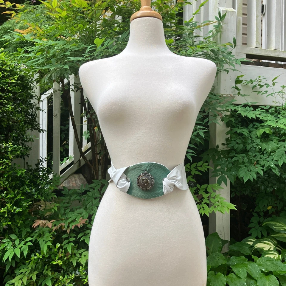 Handmade Leather Belt OOAK Tie Wrap 39” White Green Reptile Earthy Boho Western - Image 2 of 4