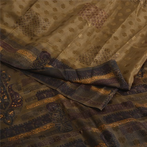 Sanskriti Vintage Sarees Brown Pure Crepe Silk Printed & Woven Sari 6Yd Fabric - Picture 3 of 12