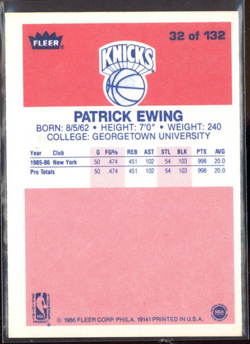 Patrick Ewing New York Knicks Autogrammkarte HOF 88 1986 Fleer Premier #32 - Bild 2 von 2