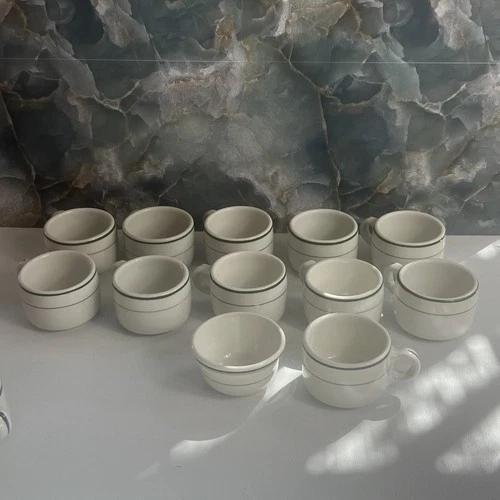 Tepco USA China Restaurant Coffee Mug Set of 11 White Green Stripes 2.5" Vtg MCM