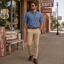 Vintage Route 66 Shirt Mens Medium Blue Denim Short Sleeve Button Down Western