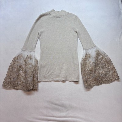 Boston Proper Peasant Bell Sleeve Metallic Lace Mock Neck Sweater XXS