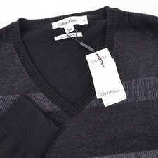 NEW Calvin Klein Merino Wool Striped V-Neck Sweater Grey Mens Medium