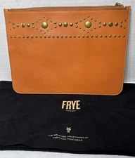 Frye Leather Clutch Gold Stud Hardware Purse  Pouch Handbag Bag Dust Bag Brass