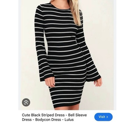 Lulus SMALL Rendezvous Black striped long sleeve bodycon sweater dress 