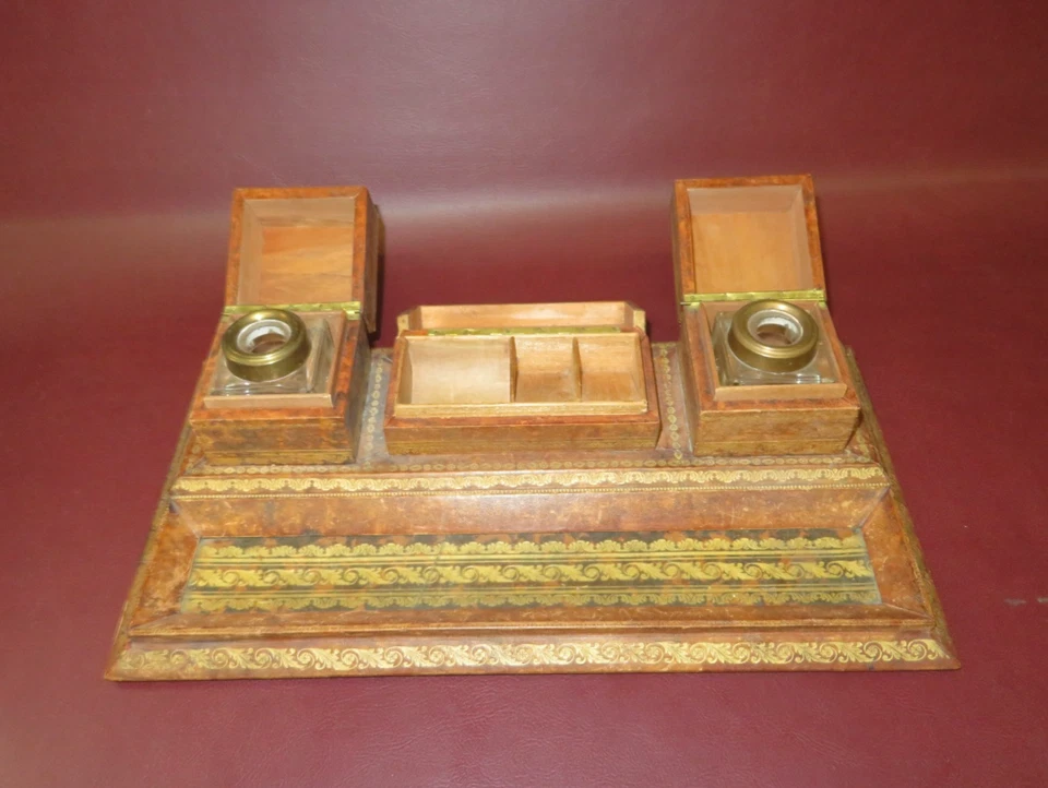 Антикварный 12,5-дюймовый кожаный прямоугольный двойной стол чернильница коробка для марок набор для открывания писем - Изображение 4 из 4