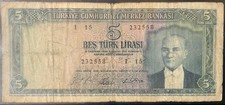 1930 TURKEY PAPER MONEY - 5 LIRAS BANKNOTE!