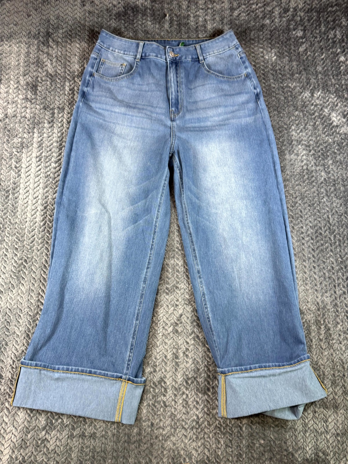 Halara Flex Jeans Womens Large Blue High Waisted Pockets Rolled Hem Wide Leg